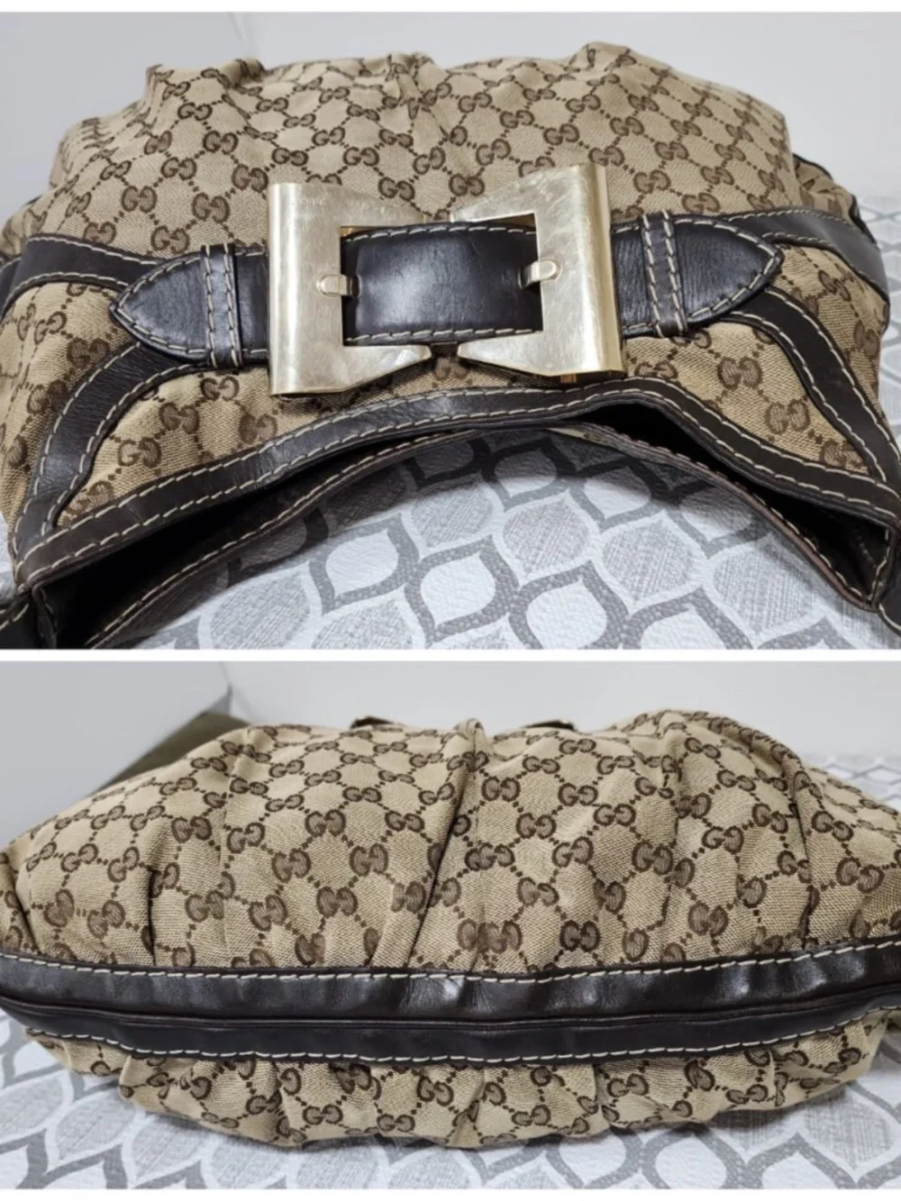 Authentic GUCCI GG Canvas And Leather Queen Large Hobo Bag Beige/Brown